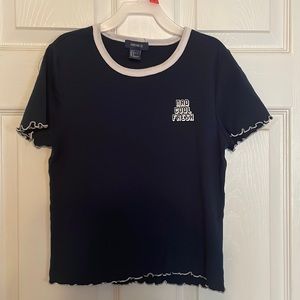Forever 21 Navy Blue & White Ruffle Trim Cotton Short Sleeve Shirt